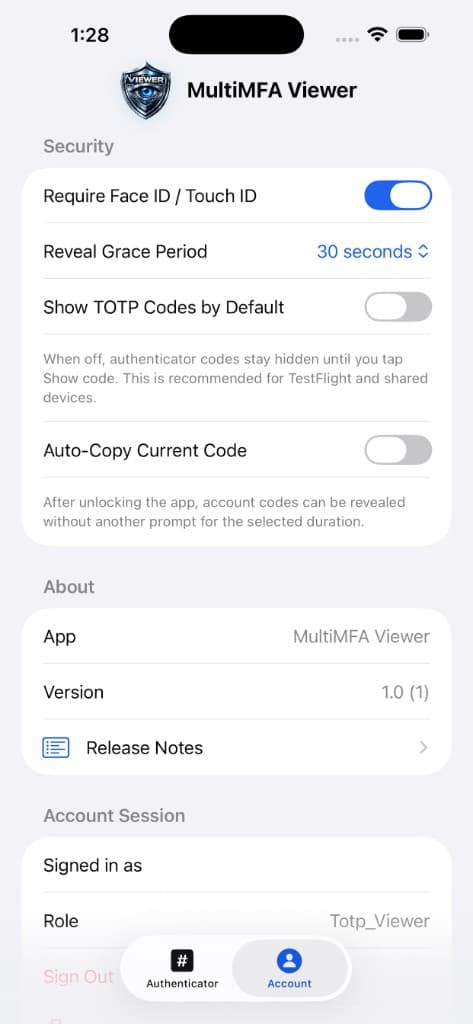 MultiMFA Viewer account settings with Face ID and security options