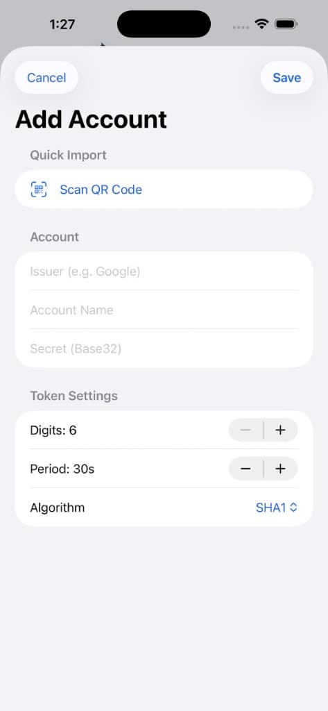 MultiMFA Viewer add account screen with QR code scan and manual TOTP setup