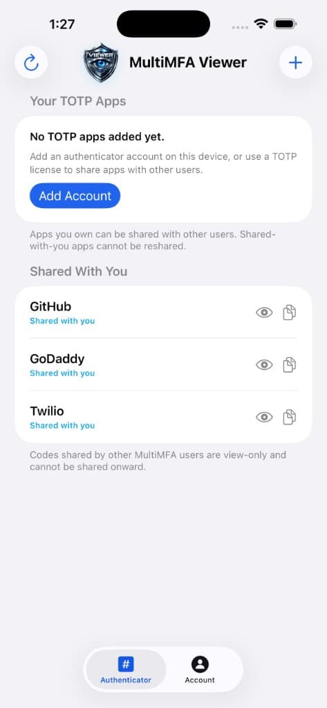 MultiMFA Viewer authenticator dashboard with personal and shared TOTP apps