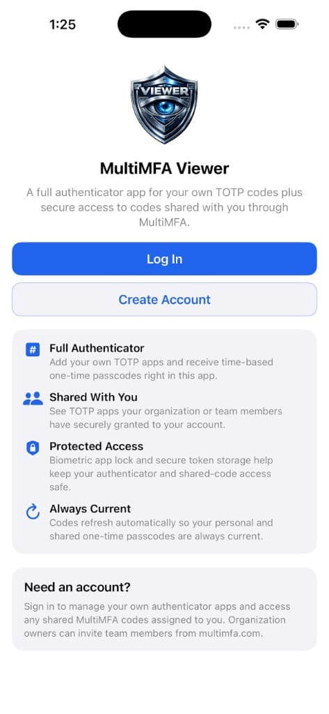 MultiMFA Viewer welcome screen with sign in and feature overview